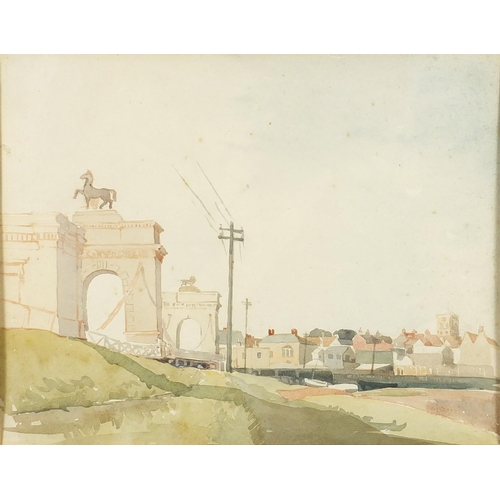 1203 - Old Shoreham, watercolour, bearing an inscription Alfred Rich verso, mounted and framed, 26cm x 20cm