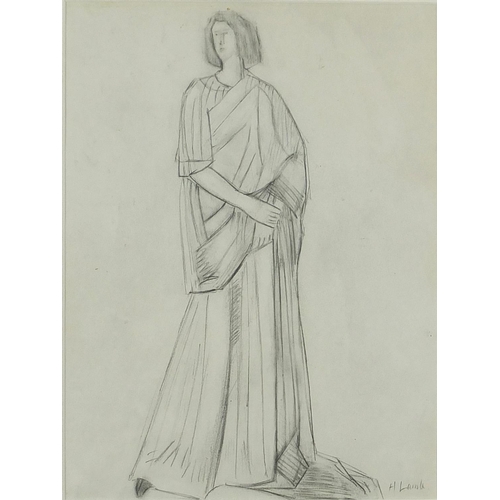 1021 - Manner of Henry Lamb - Lady Ottoline Morrell wearing a dress, pencil drawing, inscribed verso, mount... 