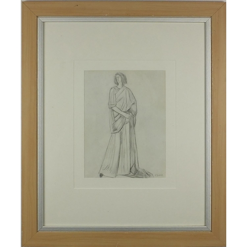 1021 - Manner of Henry Lamb - Lady Ottoline Morrell wearing a dress, pencil drawing, inscribed verso, mount... 