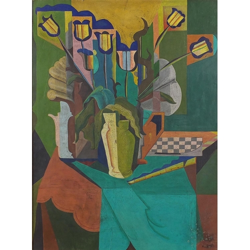 1035 - Abstract composition, geometric still life, oil onto board,  bearing an indistinct signature Alha O?... 