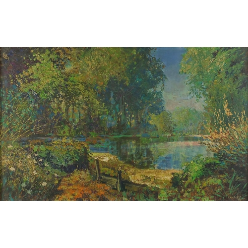 1204 - Lake and woodlands, impressionist oil onto board, bearing a signature Tansley, mounted and framed, 5... 