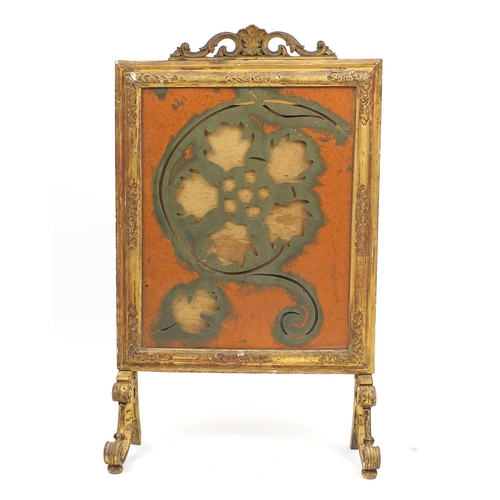 10 - Carved gilt wood fire screen with C-scroll feet, 106cm high x 62cm wide