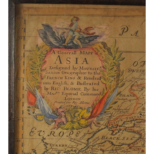 159 - 17th century hand coloured map of Asia by Richard Blome, framed, 55cm x 39cm