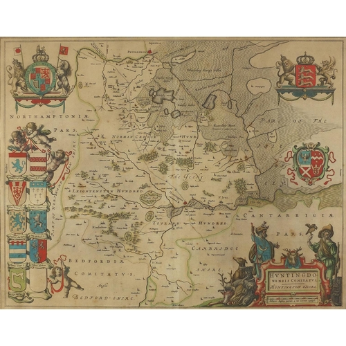 162 - 17th century hand coloured map of Huntingdon by Blaeu, framed, 56cm x 46cm