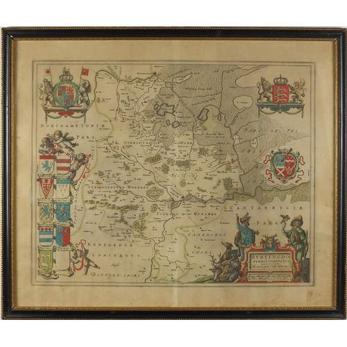 162 - 17th century hand coloured map of Huntingdon by Blaeu, framed, 56cm x 46cm