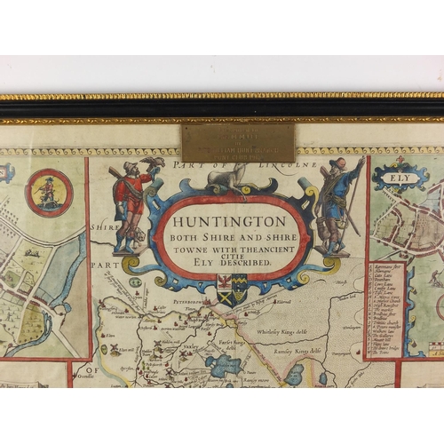 160 - Early 17th century hand coloured map of Huntingdon by John Speed, framed, 52cm x 41.5cm