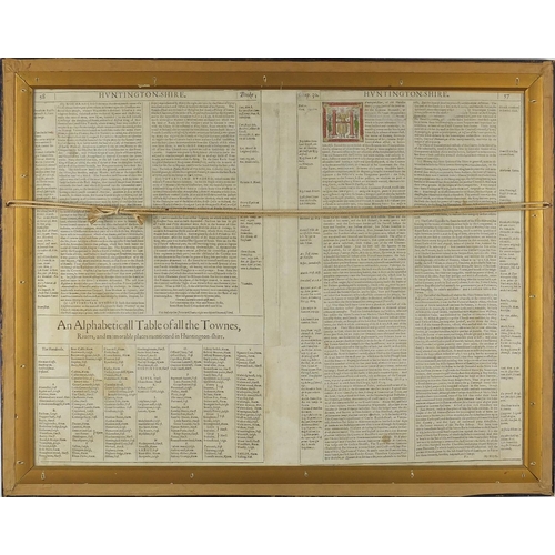 160 - Early 17th century hand coloured map of Huntingdon by John Speed, framed, 52cm x 41.5cm