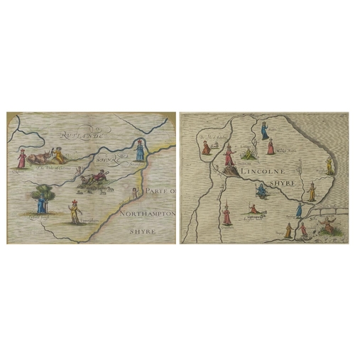 158 - Two early 17th century hand coloured river maps by Michael Drayton, Lincolnshire and Rutland, both m... 
