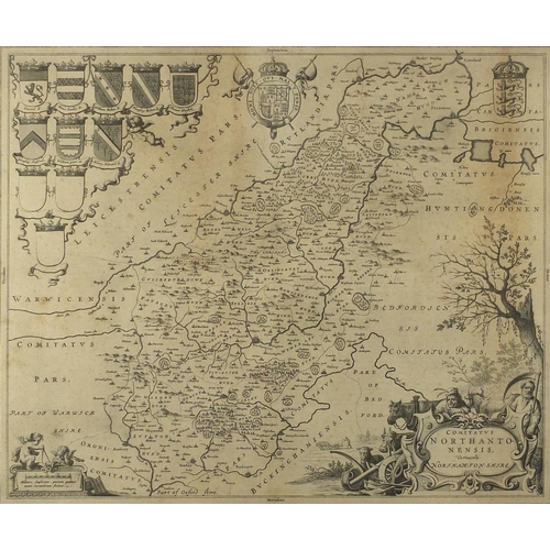 163 - 17th century engraved map of Northamptonshire by Blaeu, framed, 58cm x 49cm