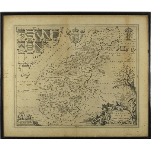 163 - 17th century engraved map of Northamptonshire by Blaeu, framed, 58cm x 49cm