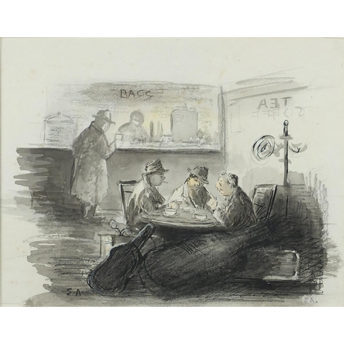 1031 - Edward Ardizzone CBE RA OWRSA RDI - Musicians in a pub, pen, watercolour and wash, label verso, moun... 