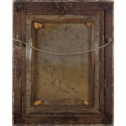 1113 - Philip E Stretton - Dog beside a fireplace, Victorian oil onto canvas, inscription verso, mounted an... 