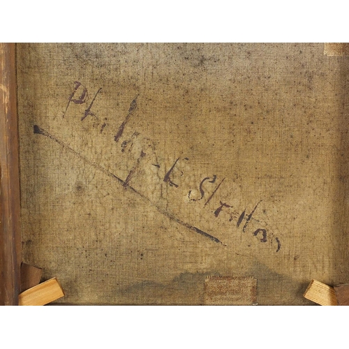1113 - Philip E Stretton - Dog beside a fireplace, Victorian oil onto canvas, inscription verso, mounted an... 