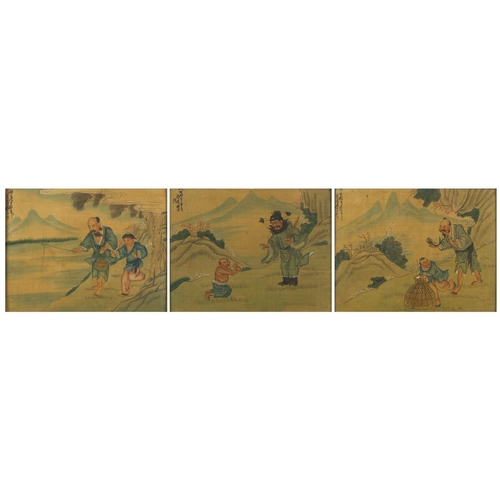 529 - Figures beside water, three Chinese watercolour onto silk, character marks, each framed, each 22.5cm... 