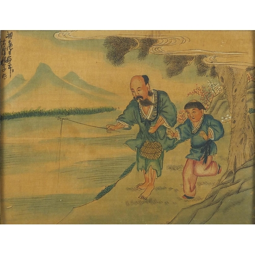 529 - Figures beside water, three Chinese watercolour onto silk, character marks, each framed, each 22.5cm... 