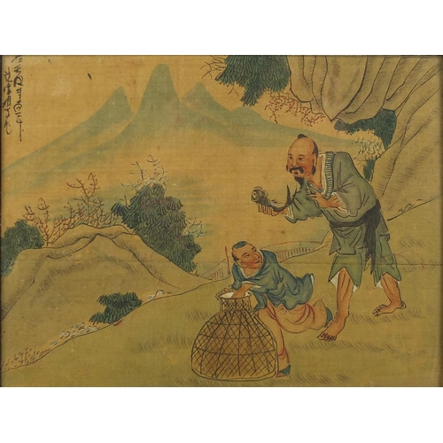 529 - Figures beside water, three Chinese watercolour onto silk, character marks, each framed, each 22.5cm... 