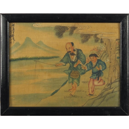 529 - Figures beside water, three Chinese watercolour onto silk, character marks, each framed, each 22.5cm... 