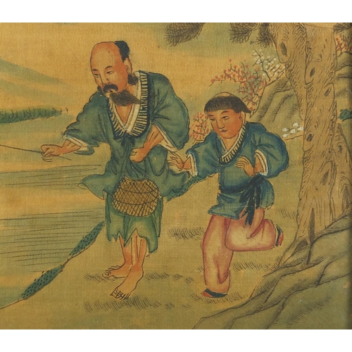 529 - Figures beside water, three Chinese watercolour onto silk, character marks, each framed, each 22.5cm... 