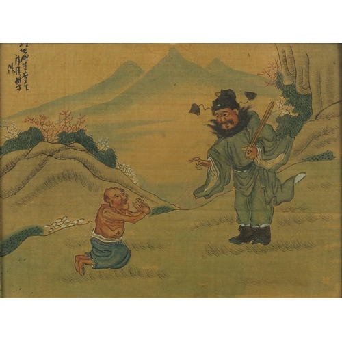 529 - Figures beside water, three Chinese watercolour onto silk, character marks, each framed, each 22.5cm... 