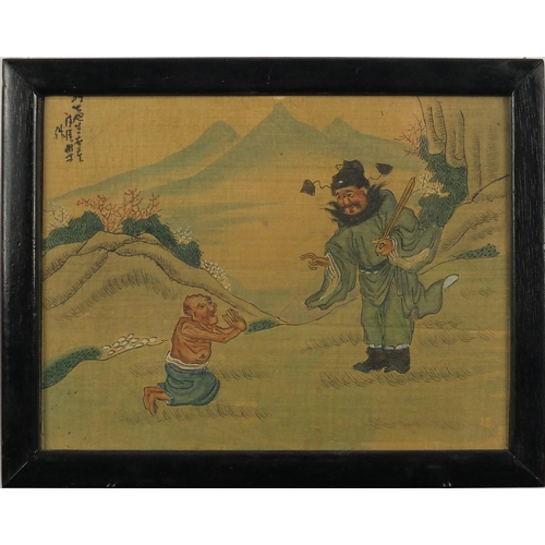 529 - Figures beside water, three Chinese watercolour onto silk, character marks, each framed, each 22.5cm... 