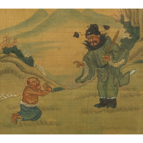 529 - Figures beside water, three Chinese watercolour onto silk, character marks, each framed, each 22.5cm... 