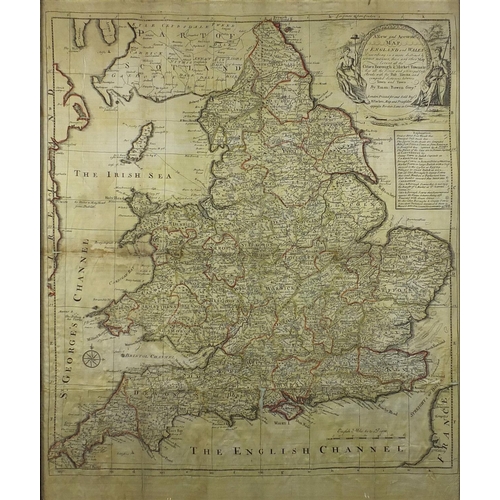 161 - 18th century hand coloured map of England and Wales by Emanuel Bowen, framed, 64.5cm x 54cm