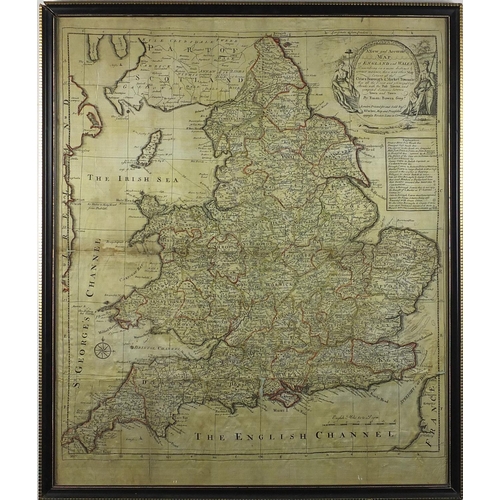 161 - 18th century hand coloured map of England and Wales by Emanuel Bowen, framed, 64.5cm x 54cm