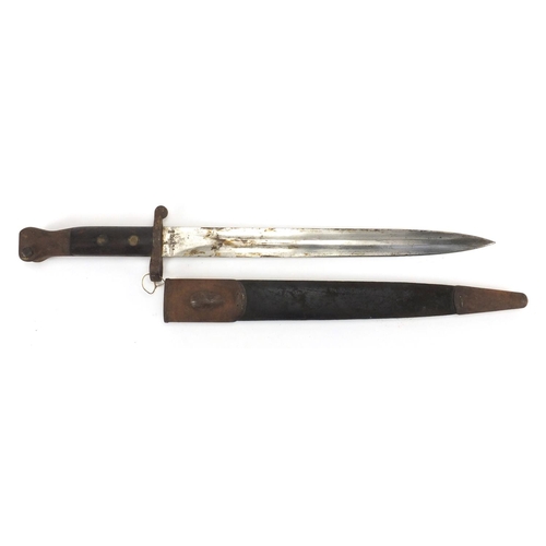 344 - British Military bayonet and scabbard with wooden grip, the steel blade with impressed marks, 44cm i... 