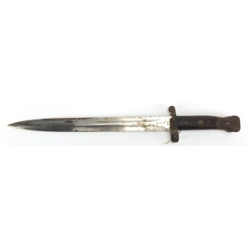 344 - British Military bayonet and scabbard with wooden grip, the steel blade with impressed marks, 44cm i... 