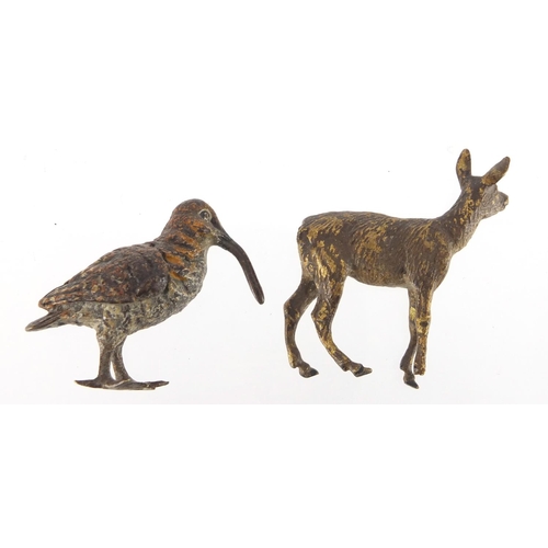 93 - Two Austrian cold painted bronze animals comprising a Kiwi and a deer, the largest 3.7cm high