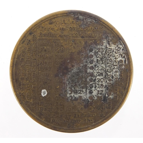 264 - 18th century brass calendar coin, dtaed 1758, 4.2cm in diameter, approximate weight 19.0g