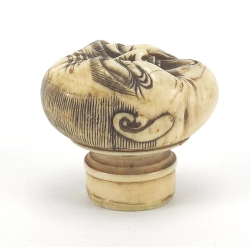 507 - Japanese carved ivory walking stick pommel in the form of a face, 4cm high