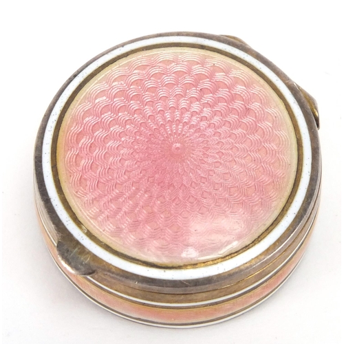 7 - Circular continental 835 silver and pink guilloche enamel pill box, with hinged lid and gilt interio... 