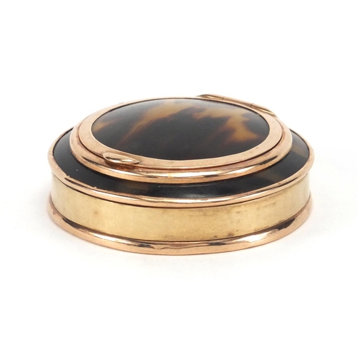 2 - 9ct gold and tortoiseshell patch box, with mirrored hinged lid, 5cm in diameter, approximate weight ... 