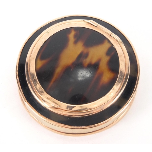 2 - 9ct gold and tortoiseshell patch box, with mirrored hinged lid, 5cm in diameter, approximate weight ... 