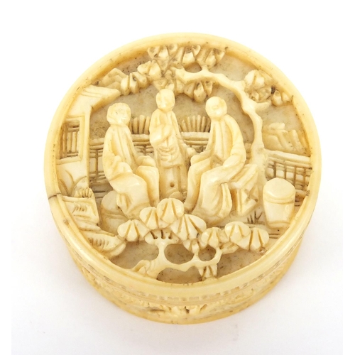 511 - Chinese Canton ivory pot and cover housing seven Mother of Pearl gaming counters, the pot and cover ... 