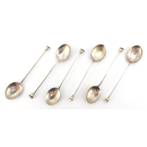 777 - Set of six silver and enamel coffee bean spoons, S L Birmingham 1951, 9.5cm in length, approximate w... 