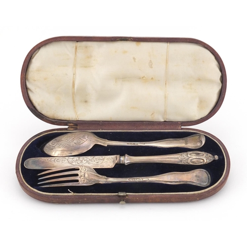 784 - Victorian silver knife, fork and spoon Christening set, with fitted tooled leather case, indistinct ... 