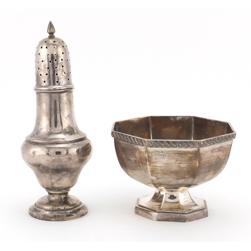 730 - Octagonal silver pedestal bowl and a large silver baluster shaped sifter, the bowl J.C Ltd Birmingha... 