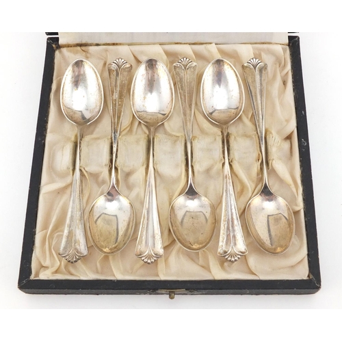 778 - Set of six Norwegian silver spoons, with fitted case, 12cm in length, approximate weight 70.8g