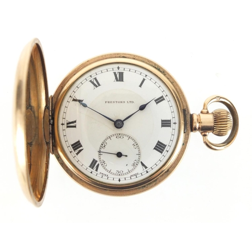 971 - Gentleman's Prestons gold plated full hunter pocket watch, 5cm in diameter with original tooled leat... 