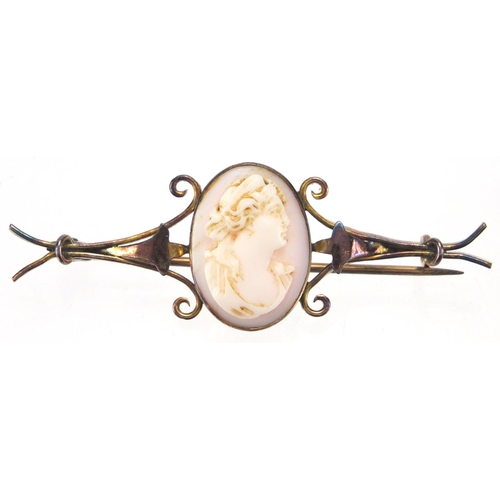 869 - 9ct gold mounted cameo maiden head pendant and bar brooch, the pendant 4.5cm in length, approximate ... 