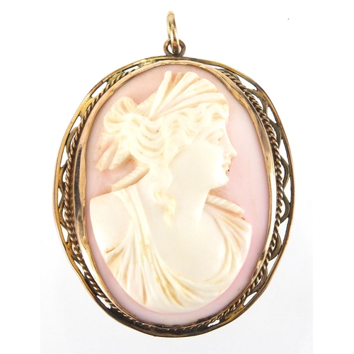 869 - 9ct gold mounted cameo maiden head pendant and bar brooch, the pendant 4.5cm in length, approximate ... 