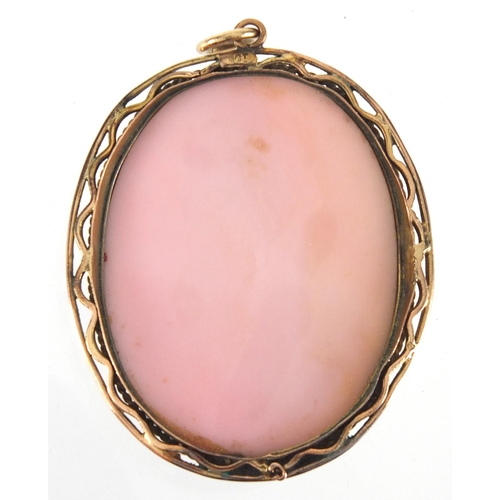 869 - 9ct gold mounted cameo maiden head pendant and bar brooch, the pendant 4.5cm in length, approximate ... 