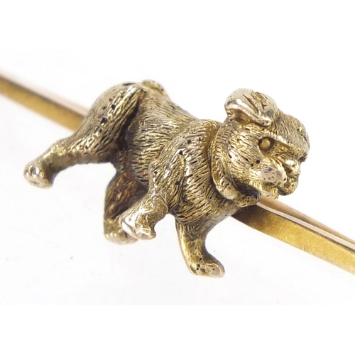 862 - Unmarked gold Pug dog bar brooch, 5cm in length, approximate weight 6.3g