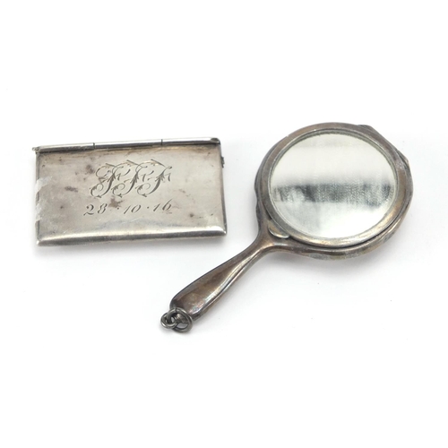 12 - Novelty miniature silver compact in the form of a hand mirror together with a double stamp case, Bir... 