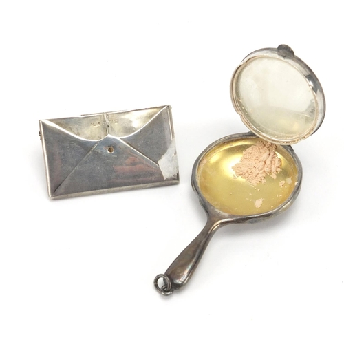 12 - Novelty miniature silver compact in the form of a hand mirror together with a double stamp case, Bir... 