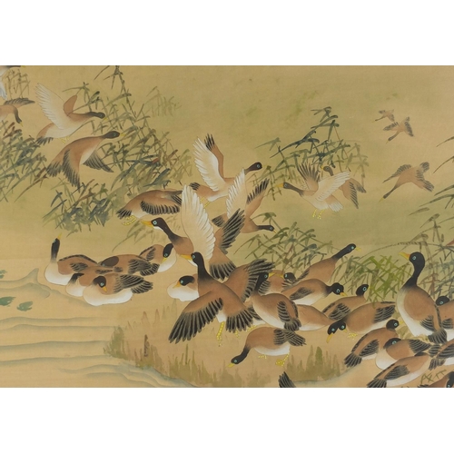 526 - Gaggle of geese, Chinese watercolour onto silk, red seal marks and script, framed, 108cm x 60cm