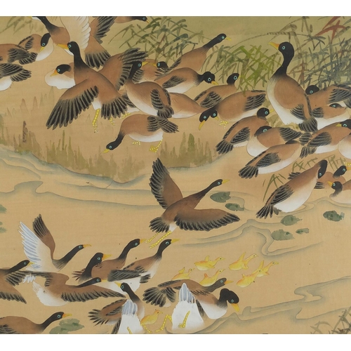 526 - Gaggle of geese, Chinese watercolour onto silk, red seal marks and script, framed, 108cm x 60cm