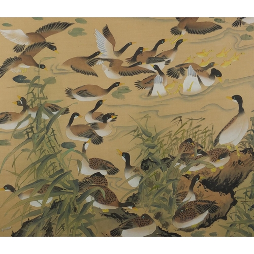 526 - Gaggle of geese, Chinese watercolour onto silk, red seal marks and script, framed, 108cm x 60cm